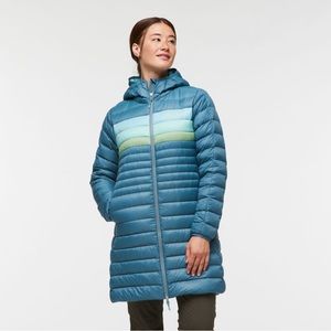 New! Cotopaxi Fuego Women’s Parka. Blue Spruce Stripes sold-out color. Medium.